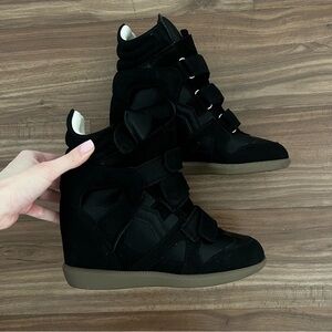 Black Wedge Sneaker Boots with Velcro Straps - Women